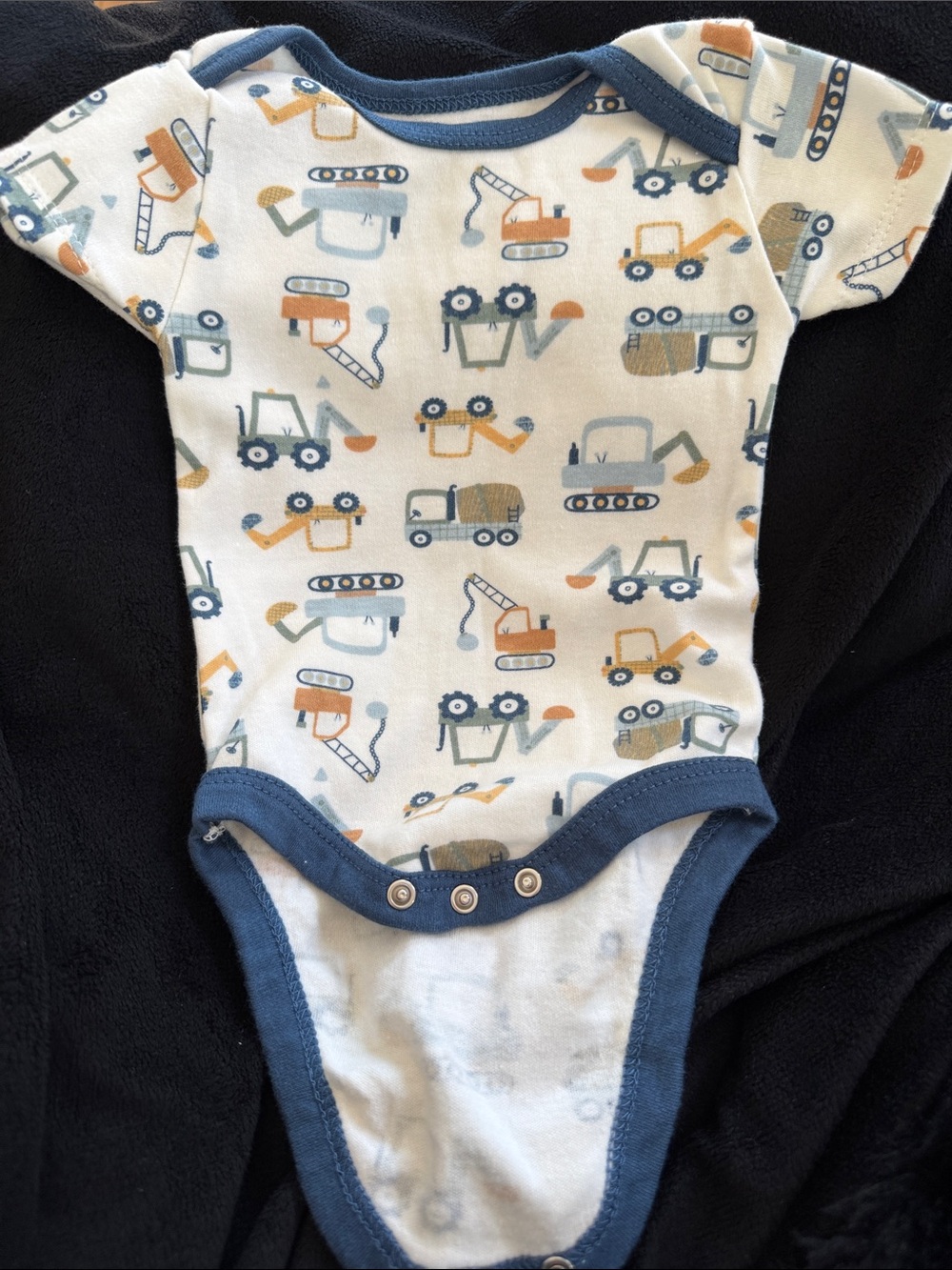 chick pea White Onesie with Blue Trim and Orange/Gray Construction Print